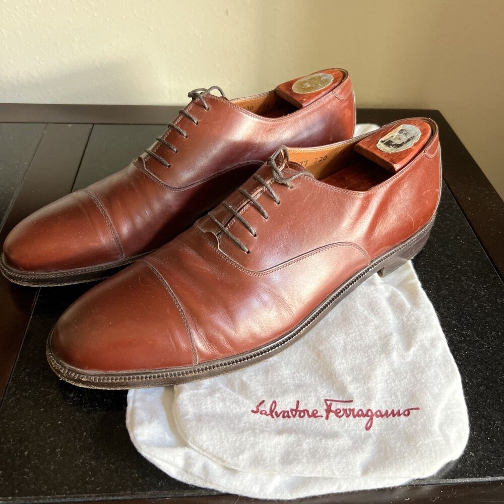 SALVATORE FERRAGAMO Brown Leather Cap Toe Oxford Shoes Men's Size 11.5 B Italy